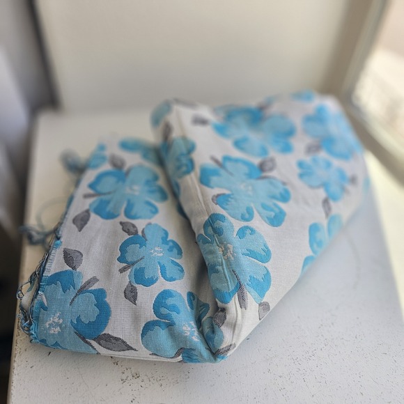 Fabric Other - 1950s 1960s Jacquard Fabric Double Sided Blue Hybiscus Floral 2 Yards x 57 Inch